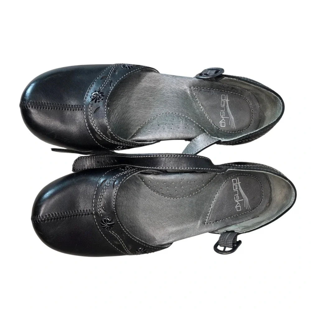 Dansko Womens EU 37 Black Leather Adjustable Strap Mary Jane Comfort Clogs